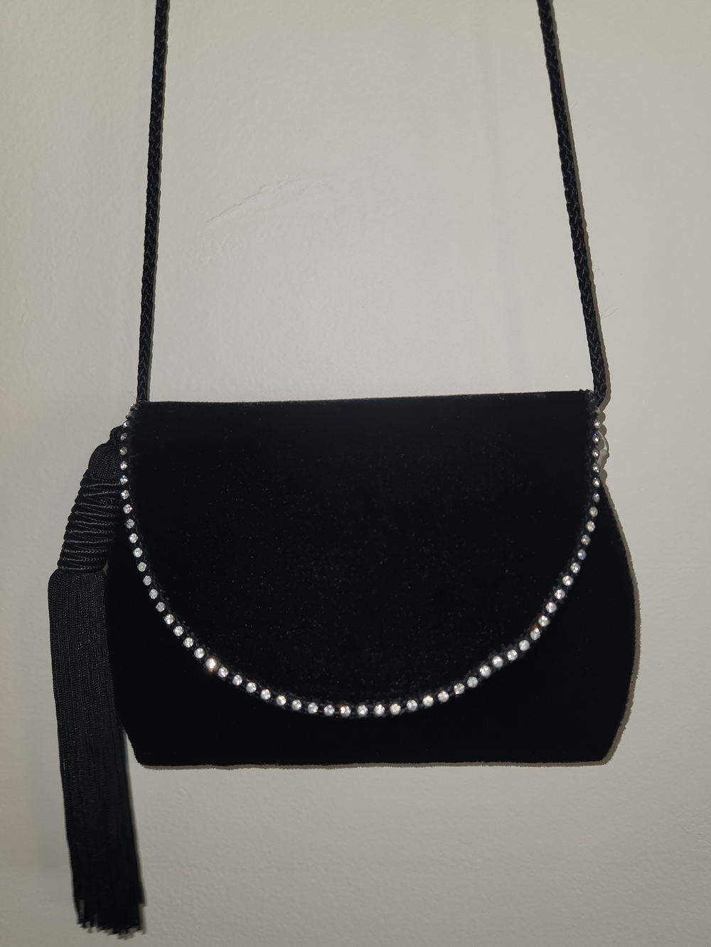 Morgan Taylor Black Velvet Crossbody Bag with Rhinestone Trim